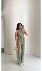 Adel Bağcıklı Asimetrik Bluz Pantolon Takım - Haki - Kod: 8784