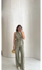 Adel Bağcıklı Asimetrik Bluz Pantolon Takım - Haki - Kod: 8784