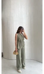 Adel Bağcıklı Asimetrik Bluz Pantolon Takım - Haki - Kod: 8784