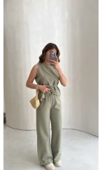 Adel Bağcıklı Asimetrik Bluz Pantolon Takım - Haki - Kod: 8784