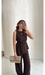 Adel Bağcıklı Asimetrik Bluz Pantolon Takım - Kahve - Kod: 8784