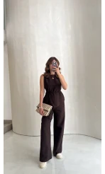 Adel Bağcıklı Asimetrik Bluz Pantolon Takım - Kahve - Kod: 8784