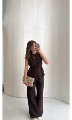 Adel Bağcıklı Asimetrik Bluz Pantolon Takım - Kahve - Kod: 8784