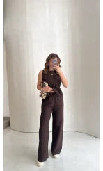 Adel Bağcıklı Asimetrik Bluz Pantolon Takım - Kahve - Kod: 8784