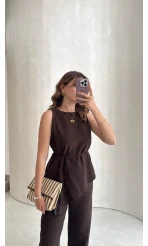Adel Bağcıklı Asimetrik Bluz Pantolon Takım - Kahve - Kod: 8784