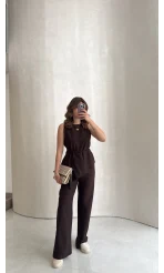 Adel Bağcıklı Asimetrik Bluz Pantolon Takım - Kahve - Kod: 8784