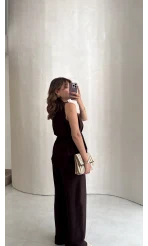 Adel Bağcıklı Asimetrik Bluz Pantolon Takım - Kahve - Kod: 8784