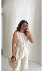 Adel Bağcıklı Asimetrik Bluz Pantolon Takım - Natural - Kod: 8784