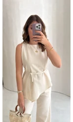 Adel Bağcıklı Asimetrik Bluz Pantolon Takım - Natural - Kod: 8784