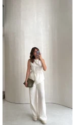 Adel Bağcıklı Asimetrik Bluz Pantolon Takım - Beyaz - Kod: 8784