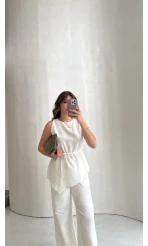 Adel Bağcıklı Asimetrik Bluz Pantolon Takım - Beyaz - Kod: 8784