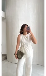 Adel Bağcıklı Asimetrik Bluz Pantolon Takım - Beyaz - Kod: 8784