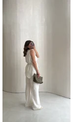 Adel Bağcıklı Asimetrik Bluz Pantolon Takım - Beyaz - Kod: 8784