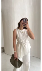 Adel Bağcıklı Asimetrik Bluz Pantolon Takım - Beyaz - Kod: 8784