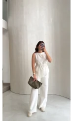 Adel Bağcıklı Asimetrik Bluz Pantolon Takım - Beyaz - Kod: 8784