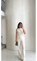 Adel Bağcıklı Asimetrik Bluz Pantolon Takım - Beyaz - Kod: 8784
