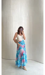 Beli Büzgülü Uzun Astarlı Şifon Etek - Mavi - Kod: 580466