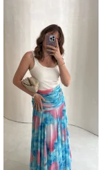 Beli Büzgülü Uzun Astarlı Şifon Etek - Mavi - Kod: 580466