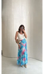 Beli Büzgülü Uzun Astarlı Şifon Etek - Mavi - Kod: 580466