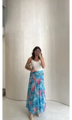 Beli Büzgülü Uzun Astarlı Şifon Etek - Mavi - Kod: 580466