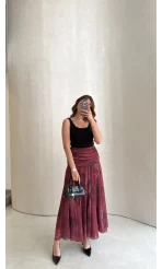 Beli Büzgülü Uzun Astarlı Şifon Etek - Bordo - Kod: 580466