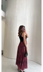 Beli Büzgülü Uzun Astarlı Şifon Etek - Bordo - Kod: 580466