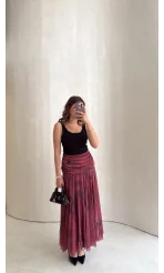 Beli Büzgülü Uzun Astarlı Şifon Etek - Bordo - Kod: 580466