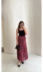 Beli Büzgülü Uzun Astarlı Şifon Etek - Bordo - Kod: 580466