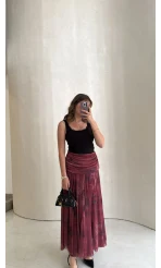 Beli Büzgülü Uzun Astarlı Şifon Etek - Bordo - Kod: 580466