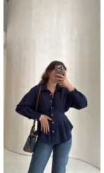 Taş Düğme Detaylı Beli Pileli Gömlek - Lacivert - Kod: 2247