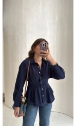 Taş Düğme Detaylı Beli Pileli Gömlek - Lacivert - Kod: 2247