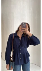 Taş Düğme Detaylı Beli Pileli Gömlek - Lacivert - Kod: 2247