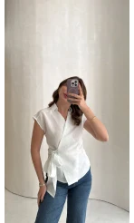 Bağlamalı Çizgili Pamuk Bluz - Beyaz - Kod: 580438