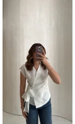 Bağlamalı Çizgili Pamuk Bluz - Beyaz - Kod: 580438