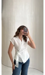Bağlamalı Çizgili Pamuk Bluz - Beyaz - Kod: 580438