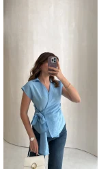 Bağlamalı Çizgili Pamuk Bluz - Mavi - Kod: 580438