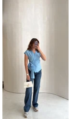 Bağlamalı Çizgili Pamuk Bluz - Mavi - Kod: 580438