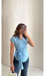 Bağlamalı Çizgili Pamuk Bluz - Mavi - Kod: 580438