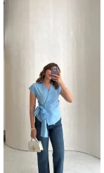 Bağlamalı Çizgili Pamuk Bluz - Mavi - Kod: 580438
