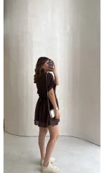 Bele Oturan Kuşaklı V Yaka Düğmeli Mini Elbise - Acı Kahve - Kod: 3080