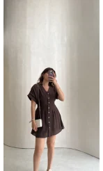 Bele Oturan Kuşaklı V Yaka Düğmeli Mini Elbise - Acı Kahve - Kod: 3080