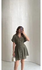 Bele Oturan Kuşaklı V Yaka Düğmeli Mini Elbise - Haki - Kod: 3080