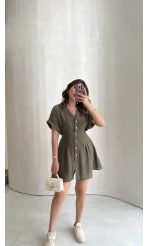 Bele Oturan Kuşaklı V Yaka Düğmeli Mini Elbise - Haki - Kod: 3080