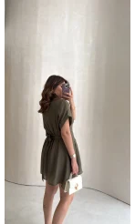 Bele Oturan Kuşaklı V Yaka Düğmeli Mini Elbise - Haki - Kod: 3080