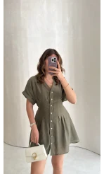 Bele Oturan Kuşaklı V Yaka Düğmeli Mini Elbise - Haki - Kod: 3080