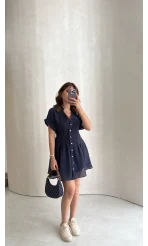 Bele Oturan Kuşaklı V Yaka Düğmeli Mini Elbise - Lacivert - Kod: 3080