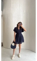 Bele Oturan Kuşaklı V Yaka Düğmeli Mini Elbise - Lacivert - Kod: 3080
