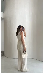 Adel Bağcıklı Asimetrik Bluz Pantolon Takım - Naturel - Kod: 8784