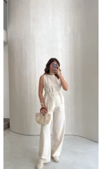Adel Bağcıklı Asimetrik Bluz Pantolon Takım - Naturel - Kod: 8784