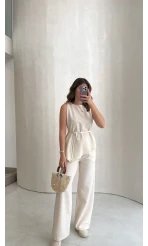 Adel Bağcıklı Asimetrik Bluz Pantolon Takım - Naturel - Kod: 8784
